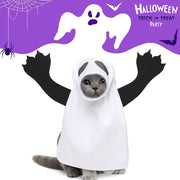 Gray cat dressed in a white ghost costume for Halloween with Halloween party decorations in the background